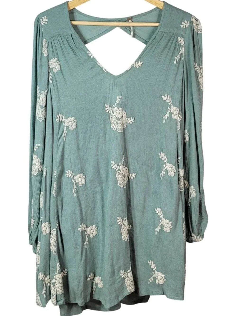 Free People Emma Swing Mini Dress Green Small Lined Cut Out Floral Embroidered B